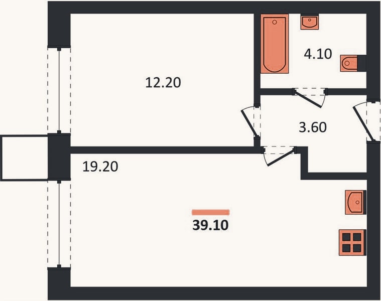 Планировка: 1-к, 39,1 м²