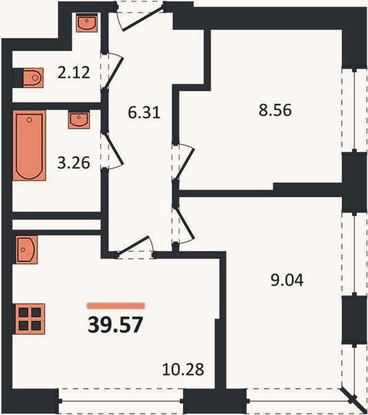 Планировка: 2-к, 39,6 м²