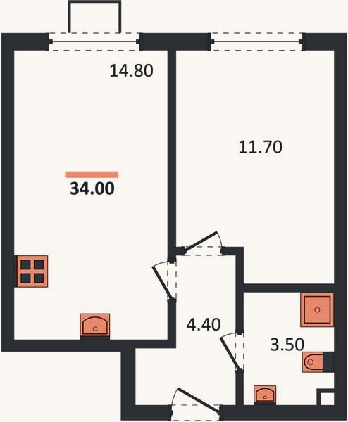 Планировка: 1-к, 34 м²