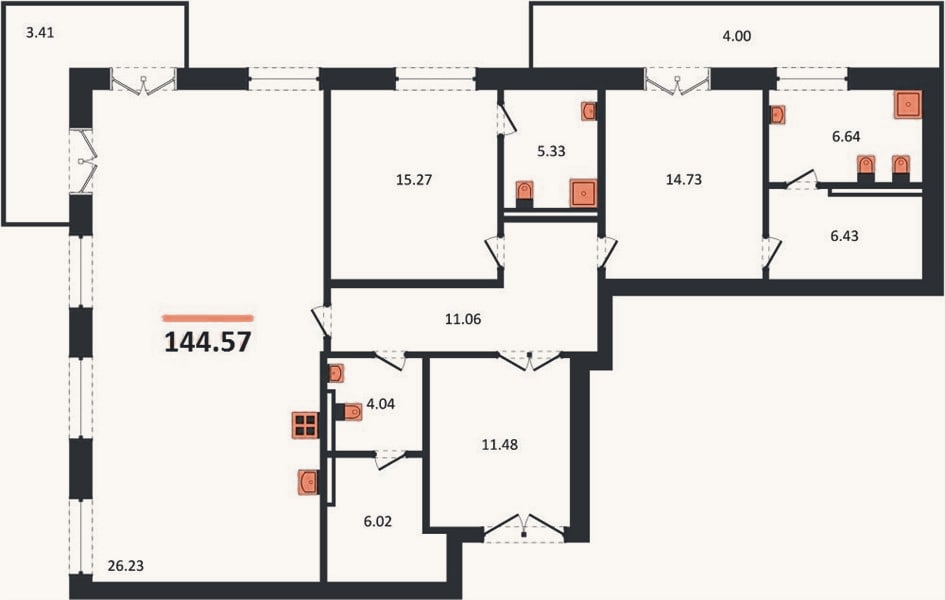 Планировка: 2-к, 144,6 м²