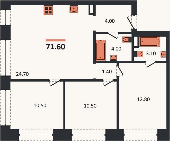 Планировка: 3-к, 71,6 м²
