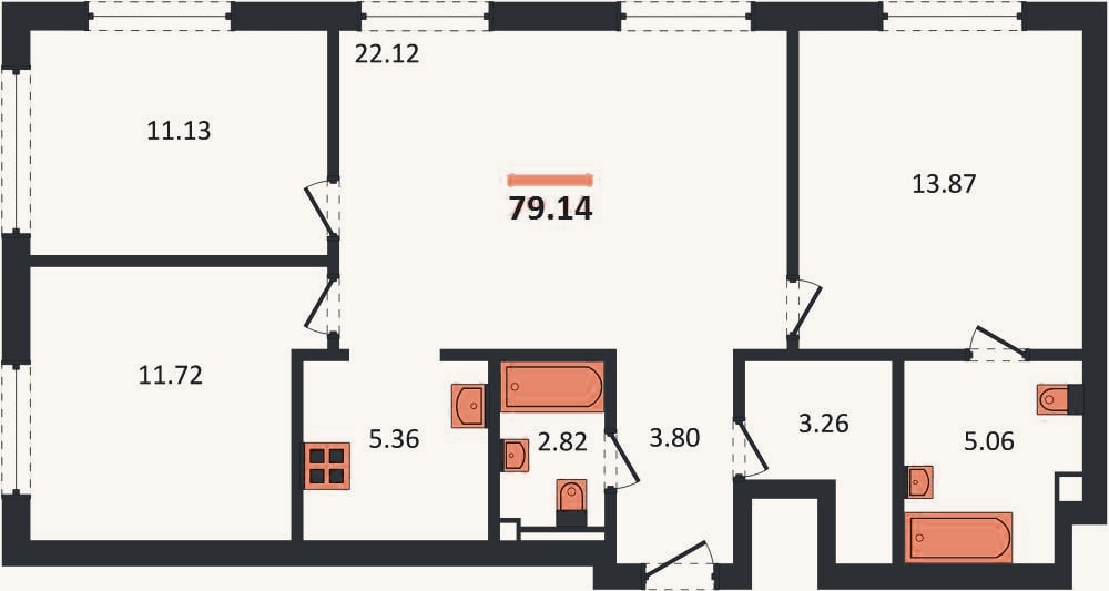 Планировка: 3-к, 79,1 м²