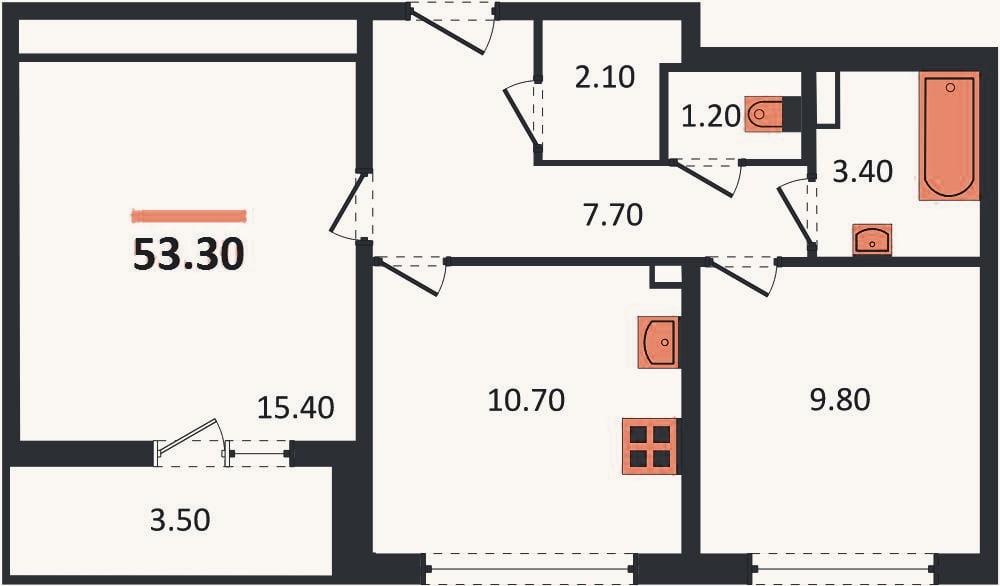 Планировка: 2-к, 53,3 м²