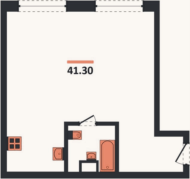 Планировка: 1-к, 41,3 м²