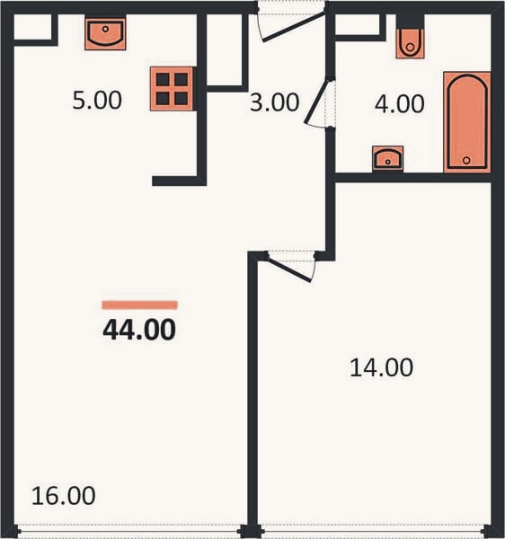 Планировка: 1-к, 44 м²