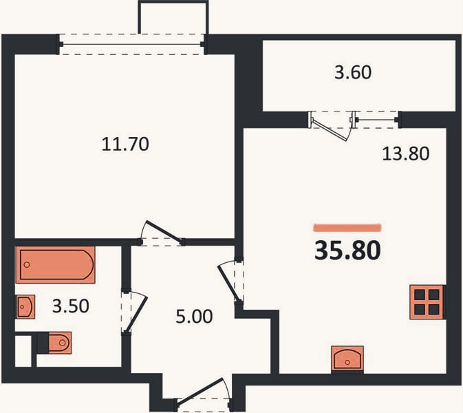 Планировка: 1-к, 35,8 м²