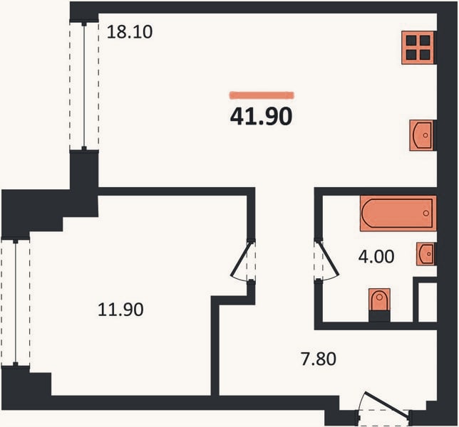 Планировка: 1-к, 41,9 м²