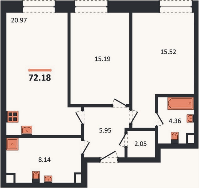 Планировка: 2-к, 72,2 м²