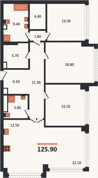 Планировка: 3-к, 125,9 м²