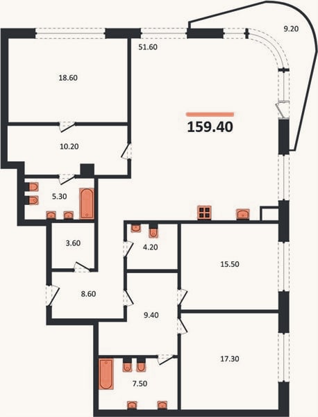 Планировка: 3-к, 159,4 м²