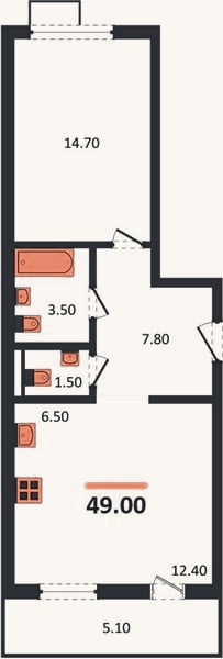 Планировка: 1-к, 49 м²