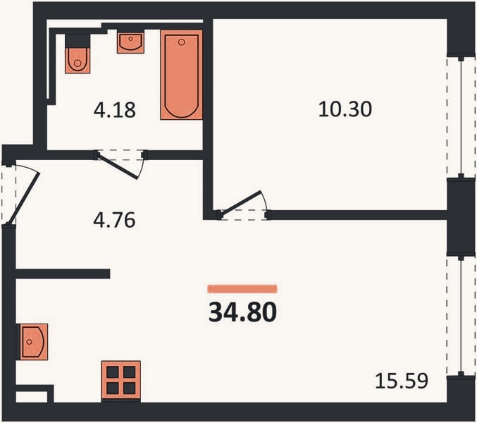 Планировка: 1-к, 34,8 м²