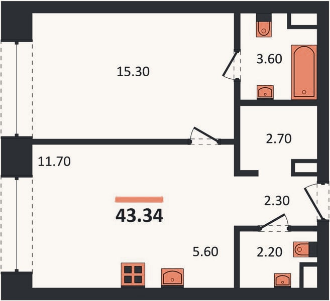 Планировка: 1-к, 43,3 м²