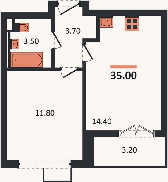 Планировка: 1-к, 35 м²