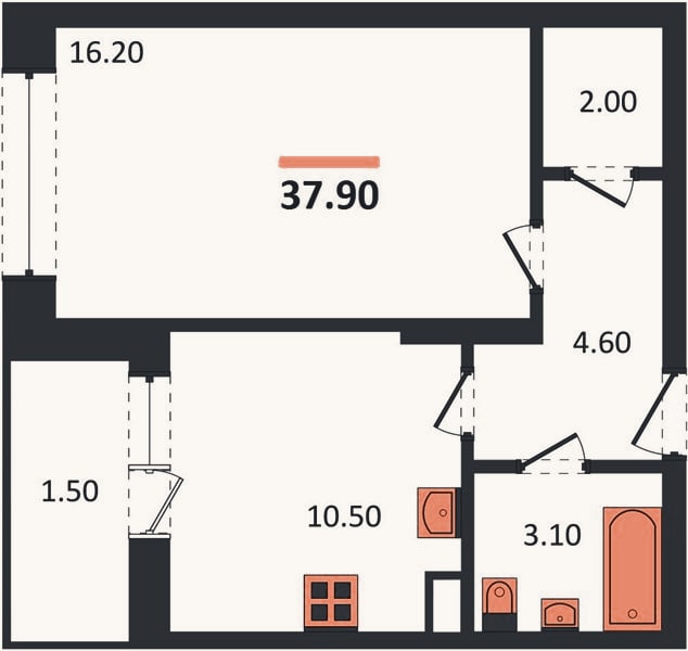 Планировка: 1-к, 37,9 м²