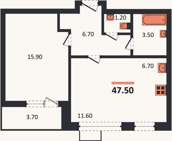 Планировка: 1-к, 47,7 м²