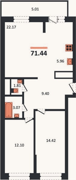 Планировка: 2-к, 71,4 м²