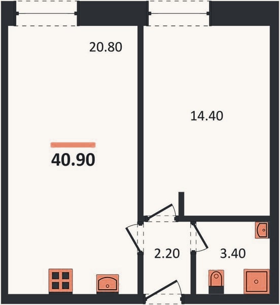 Планировка: 1-к, 40,9 м²