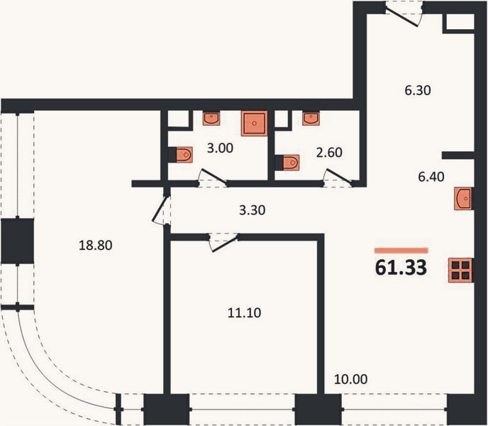 Планировка: 2-к, 61,3 м²