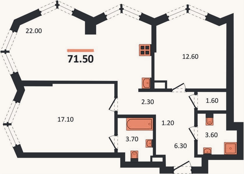 Планировка: 2-к, 71,5 м²