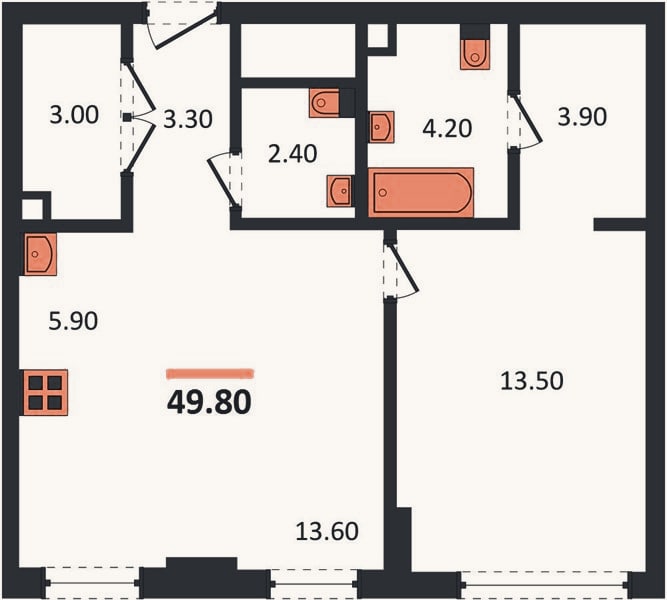 Планировка: 1-к, 49,8 м²