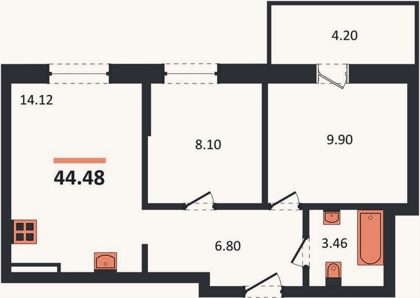 Планировка: 2-к, 44,5 м²