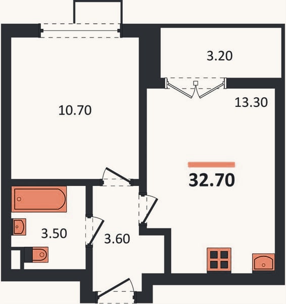 Планировка: 1-к, 32,7 м²