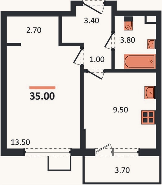 Планировка: 1-к, 35 м²