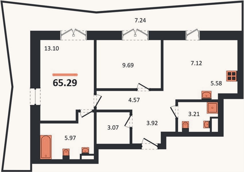 Планировка: 2-к, 65,3 м²