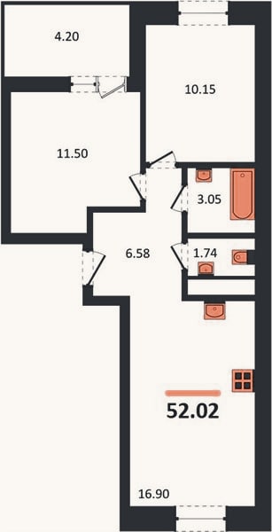 Планировка: 2-к, 52 м²