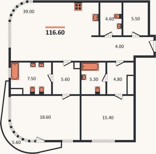 Планировка: 2-к, 116,6 м²