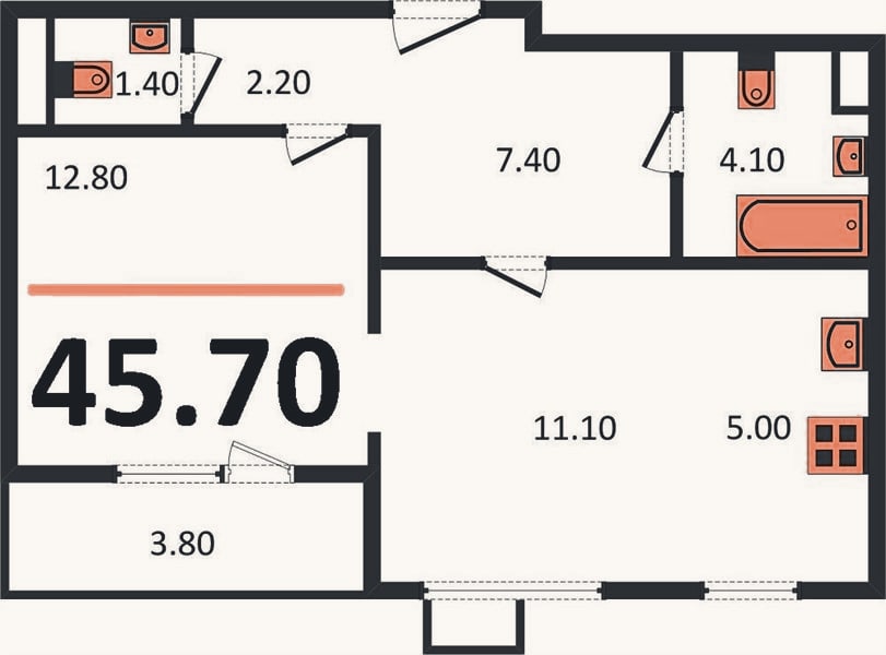 Планировка: 1-к, 45,7 м²