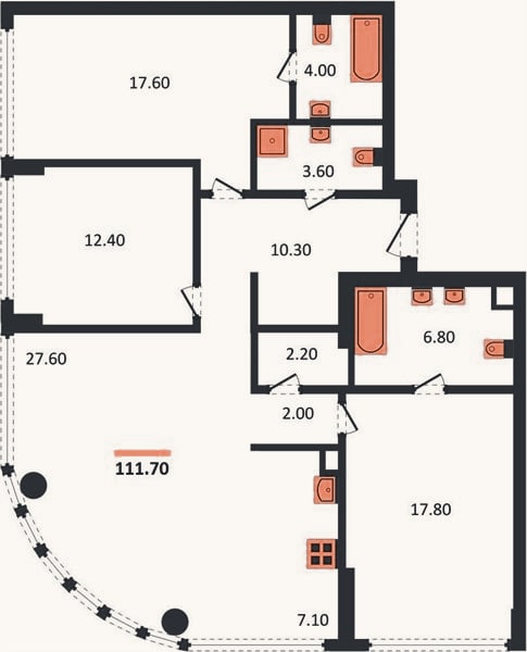 Планировка: 3-к, 111,7 м²