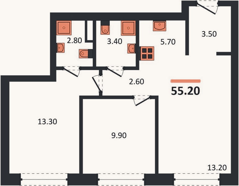 Планировка: 2-к, 55,2 м²