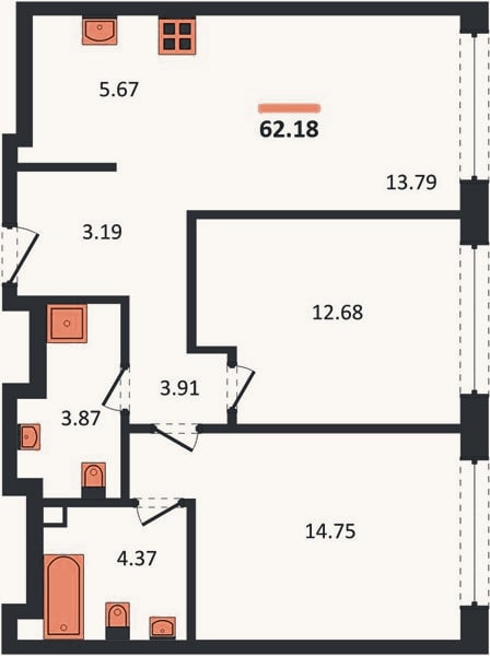 Планировка: 2-к, 62,2 м²