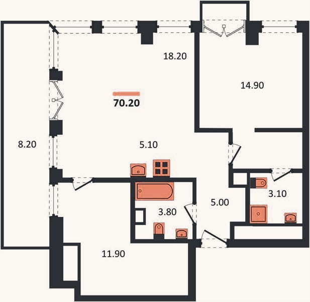 Планировка: 2-к, 70,2 м²