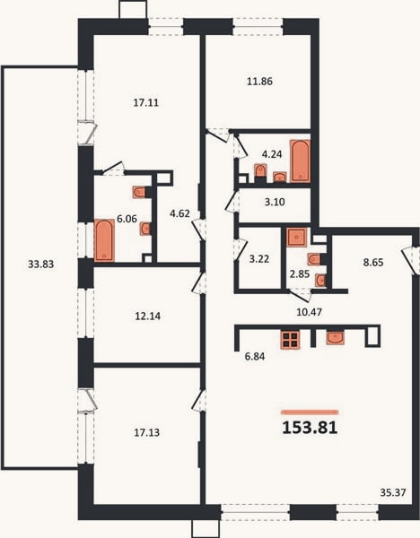 Планировка: 4+ к, 153,8 м²