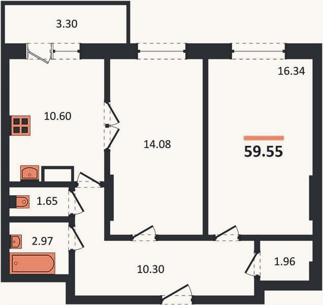 Планировка: 2-к, 59,6 м²