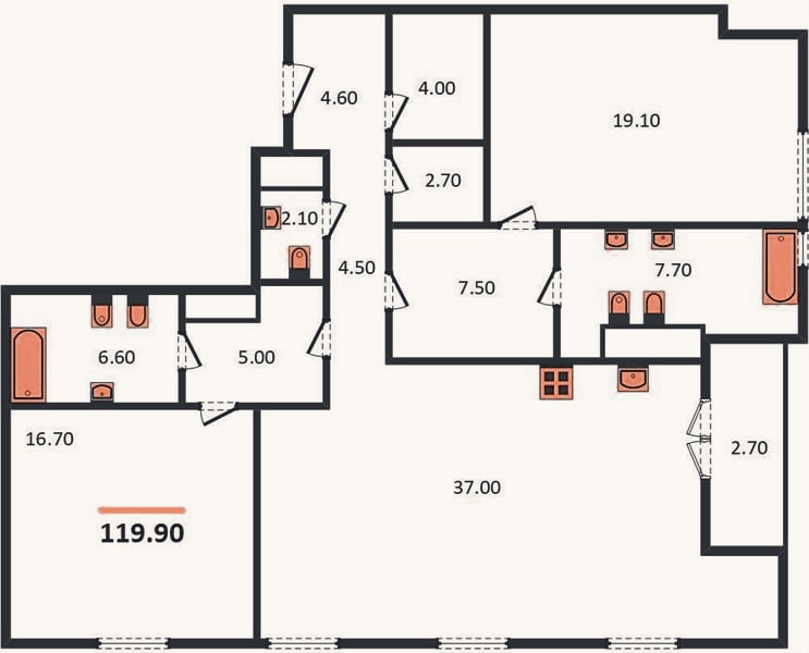 Планировка: 2-к, 119,9 м²