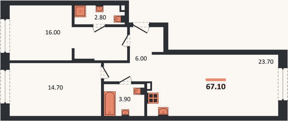 Планировка: 2-к, 67,1 м²