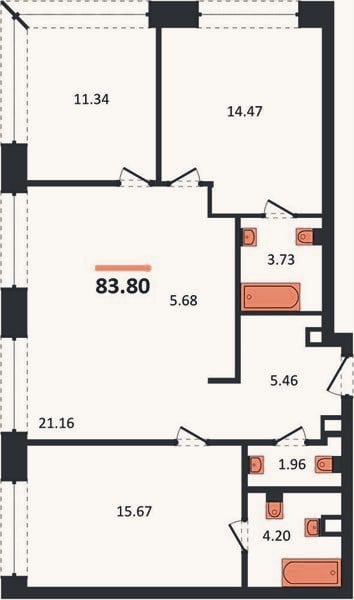 Планировка: 3-к, 83,7 м²