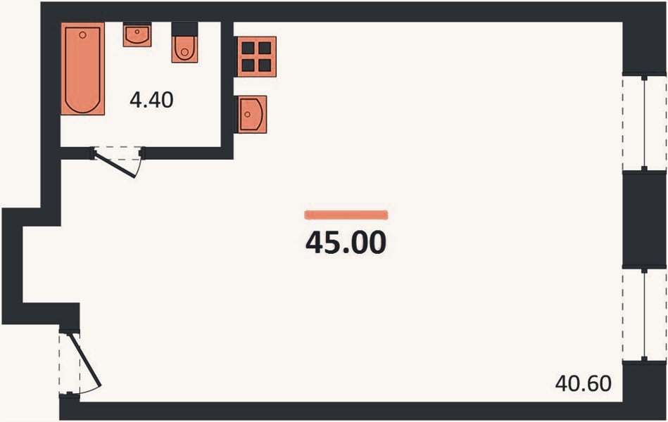 Планировка: Студия, 45 м²