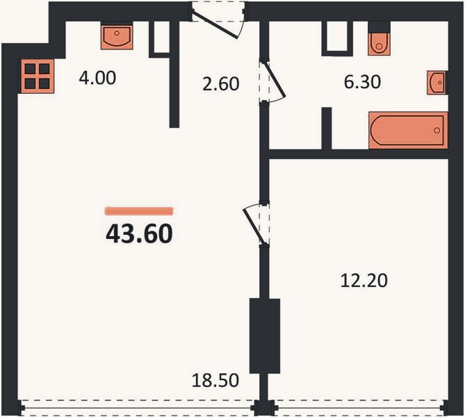 Планировка: 1-к, 43,6 м²