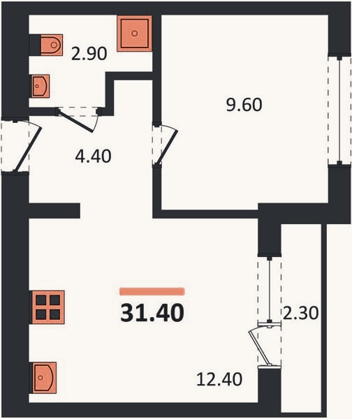 Планировка: 1-к, 31,4 м²