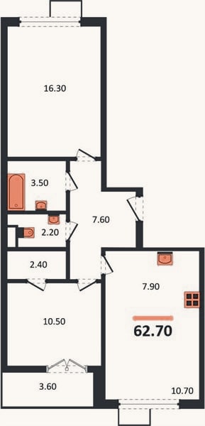 Планировка: 2-к, 62,7 м²