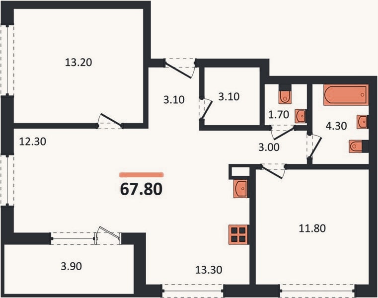 Планировка: 3-к, 67,8 м²