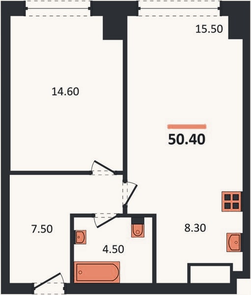Планировка: 1-к, 50,4 м²