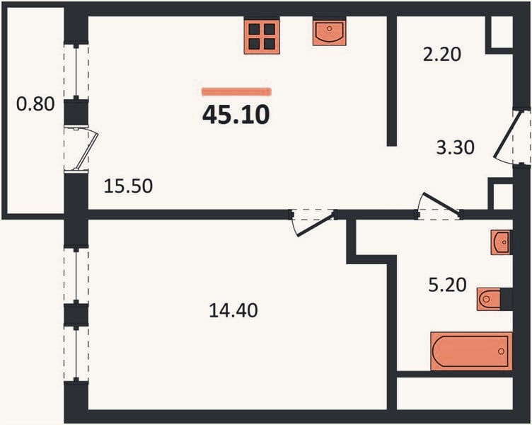 Планировка: 1-к, 45,1 м²