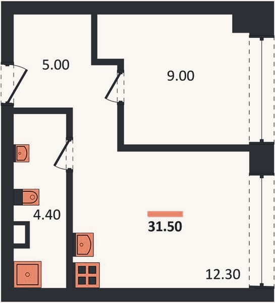 Планировка: 1-к, 31,5 м²