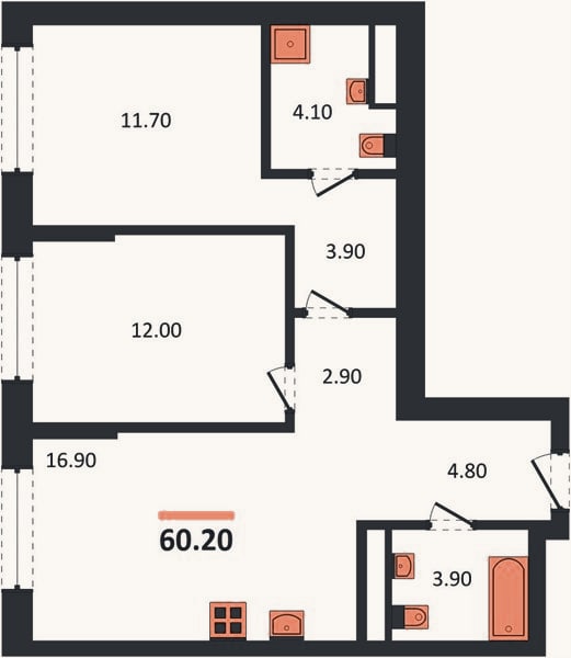 Планировка: 2-к, 60,2 м²